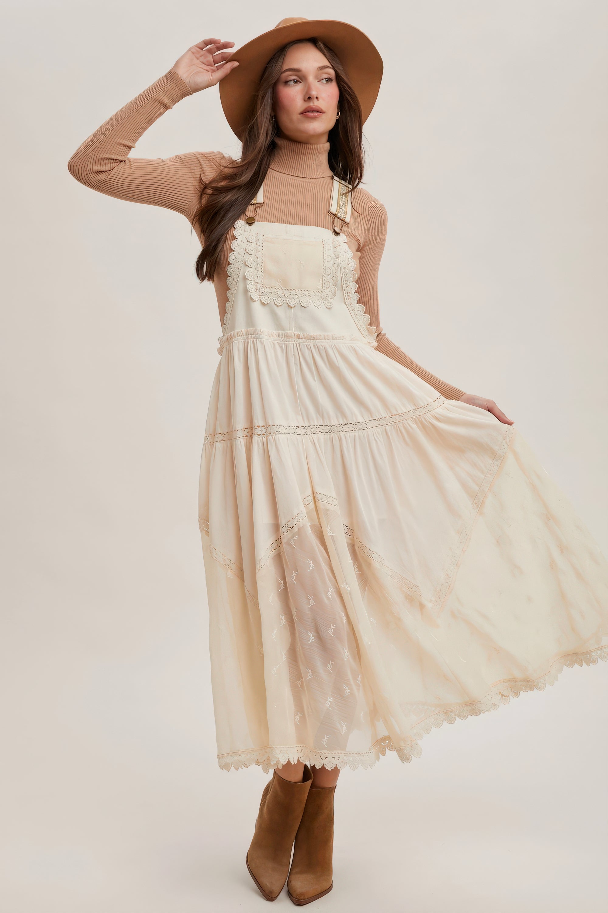 Lace Embroidered Tulle Bib Maxi Dress – Ecru