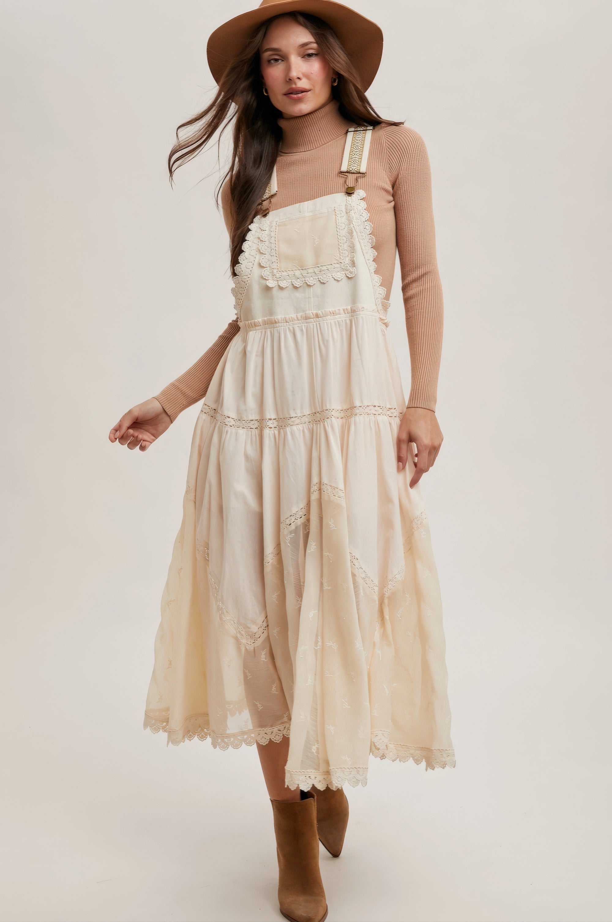 Lace Embroidered Tulle Bib Maxi Dress – Ecru