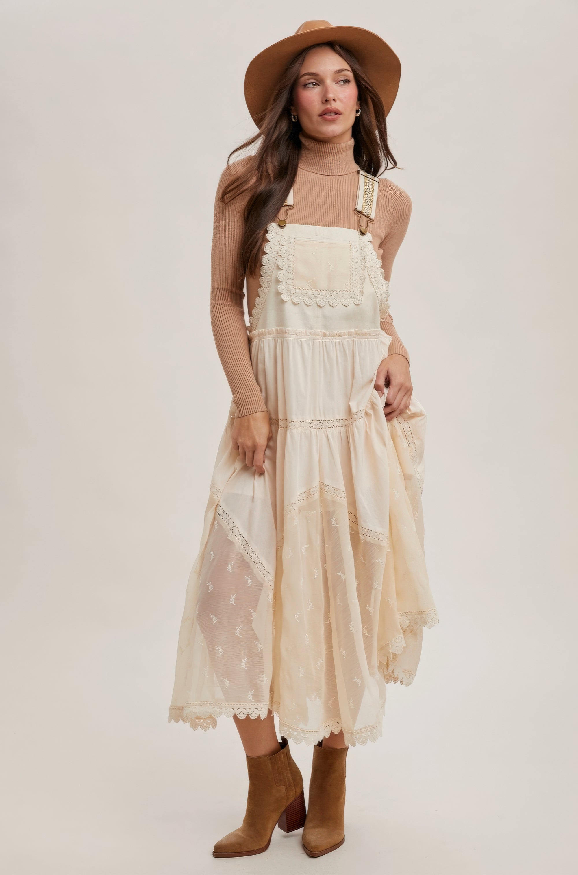 Lace Embroidered Tulle Bib Maxi Dress – Ecru