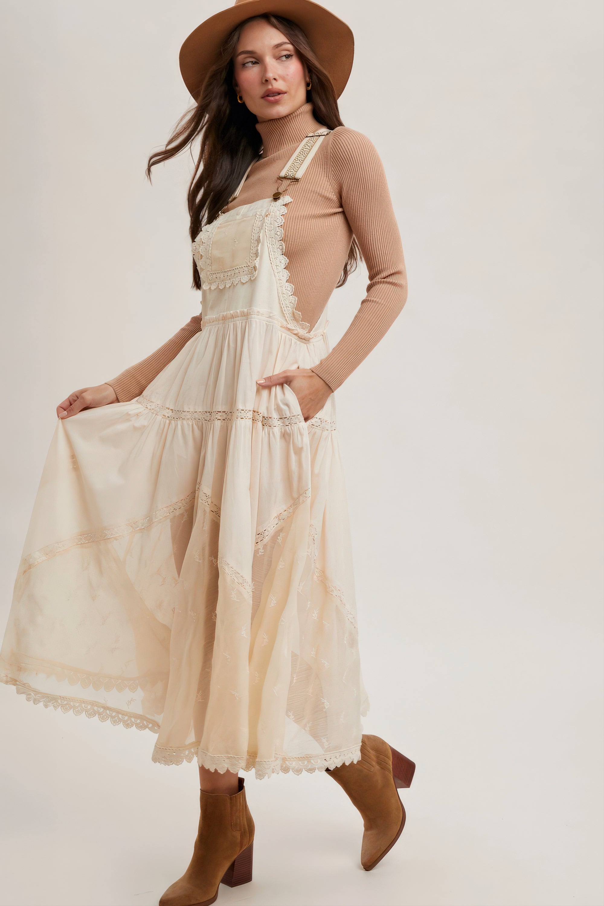 Lace Embroidered Tulle Bib Maxi Dress – Ecru