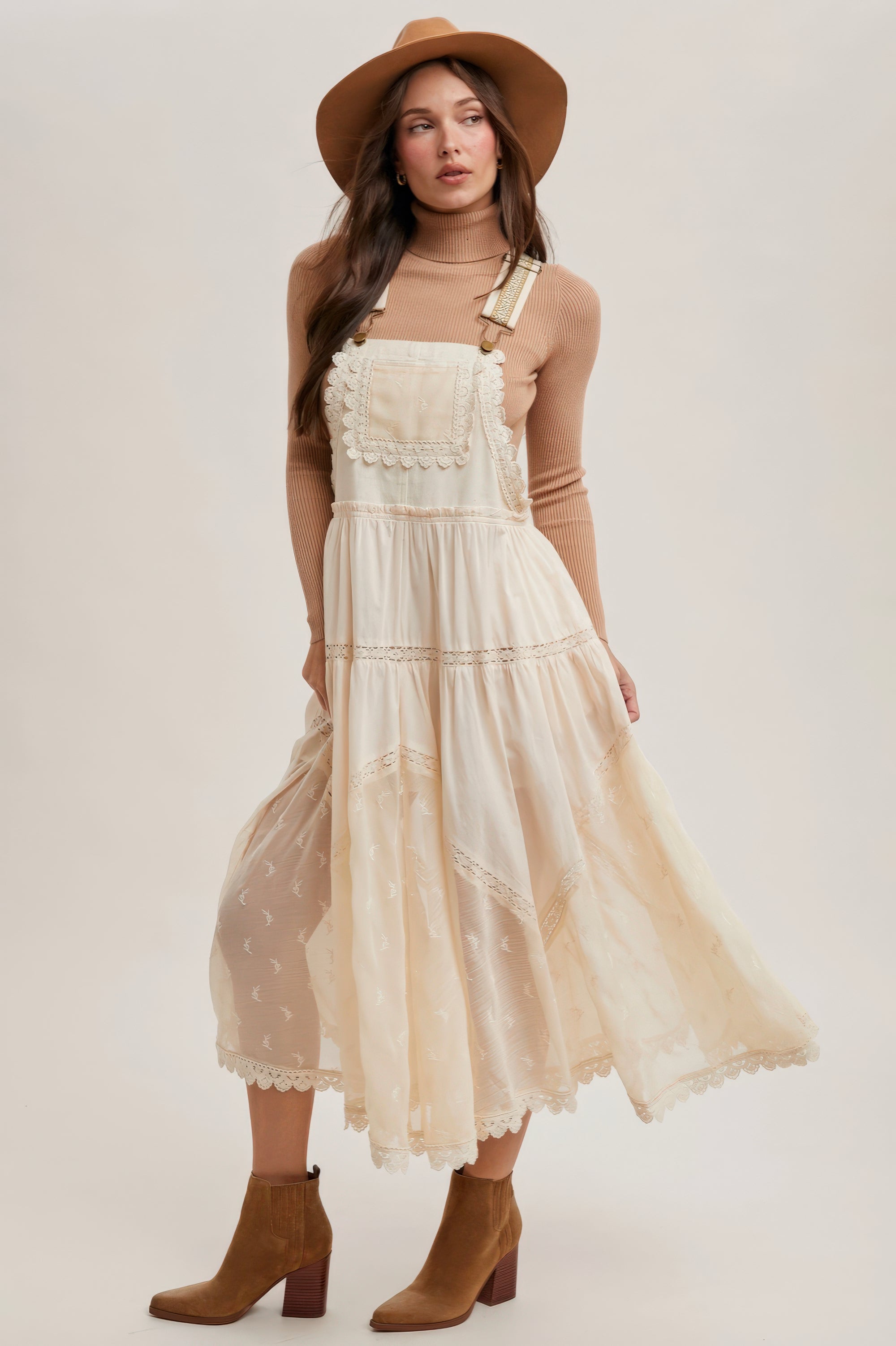 Lace Embroidered Tulle Bib Maxi Dress – Ecru