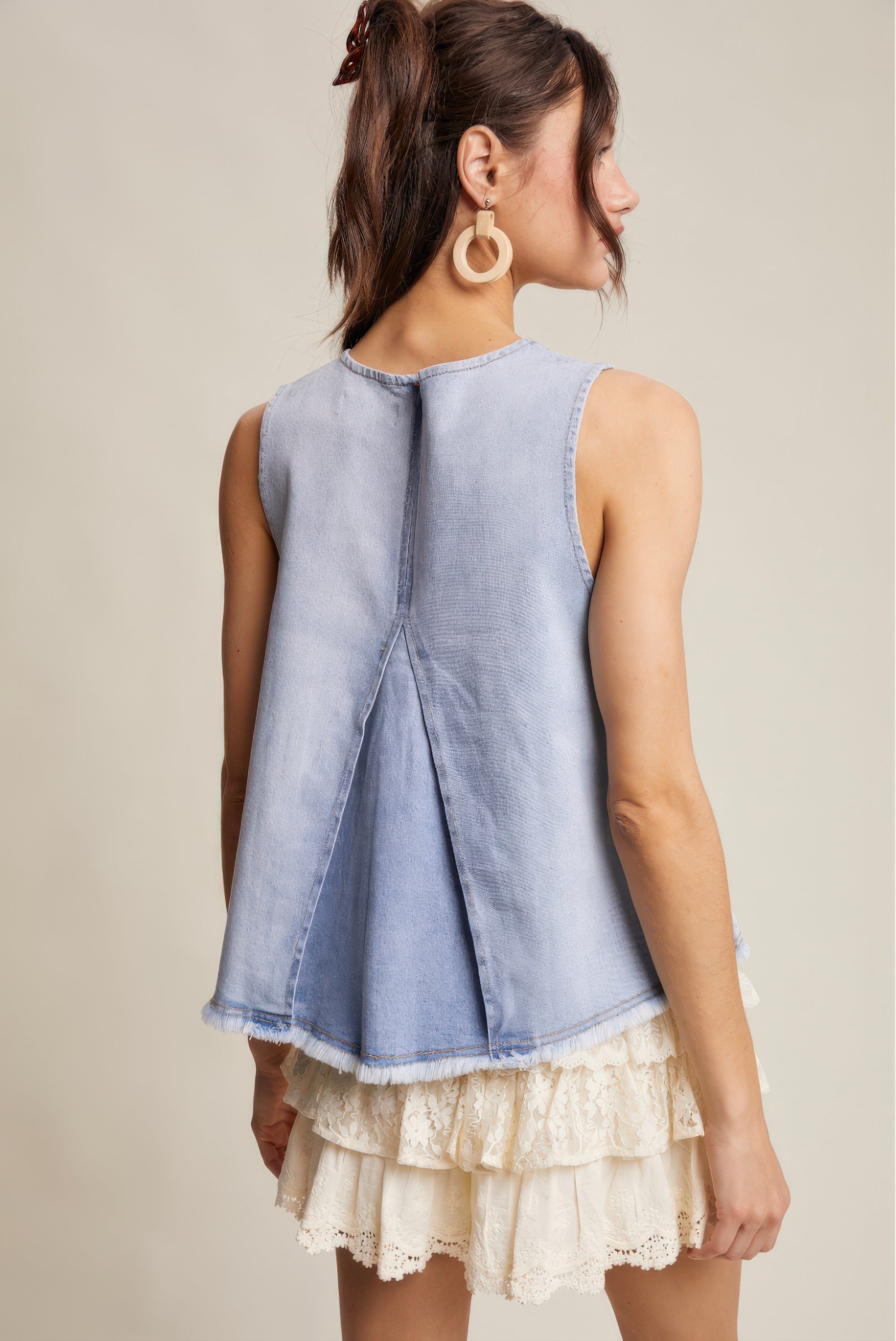 Denim Flare Peplum Top – Cloud Wash