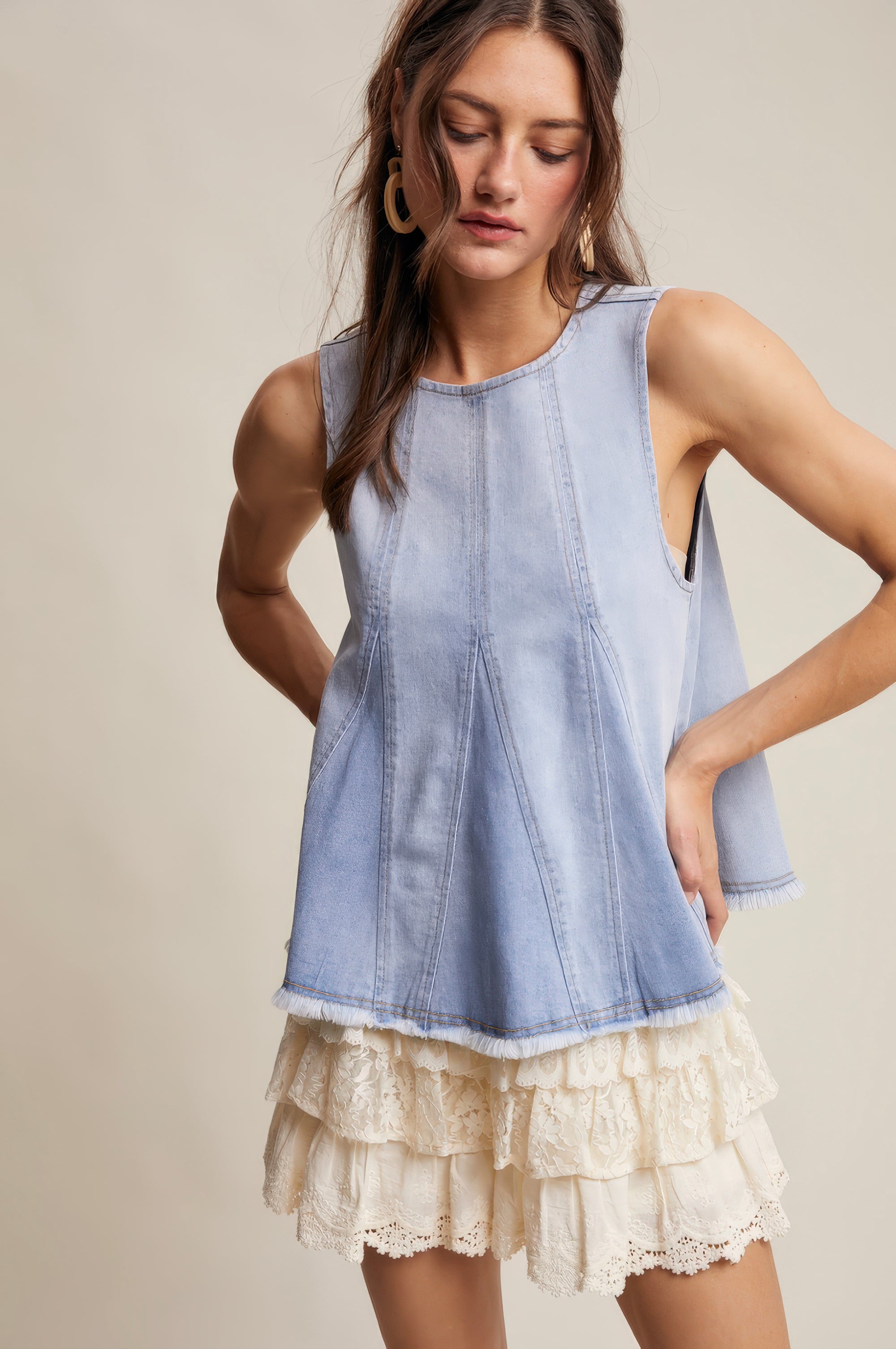 Denim Flare Peplum Top – Cloud Wash