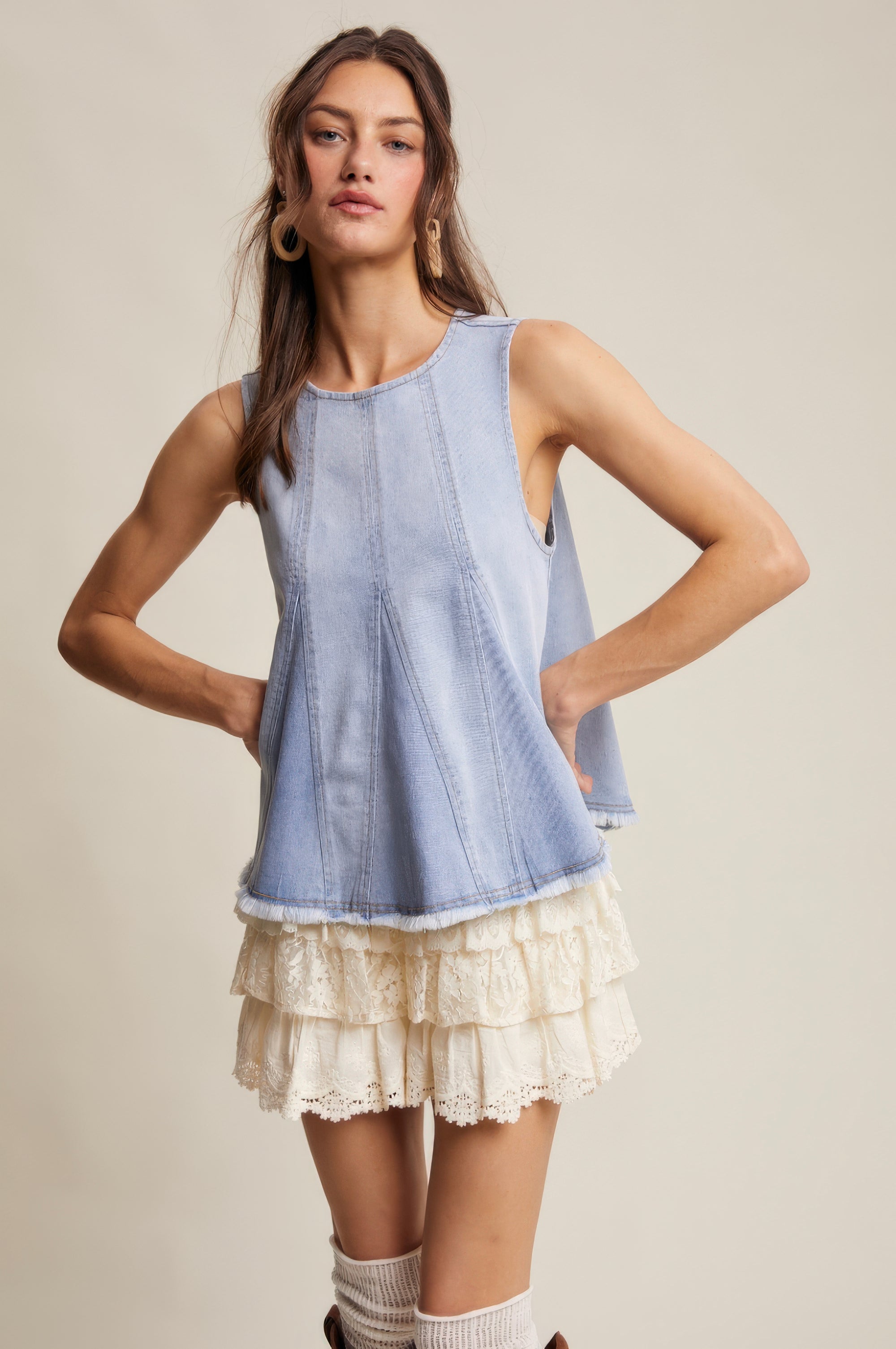 Denim Flare Peplum Top – Cloud Wash