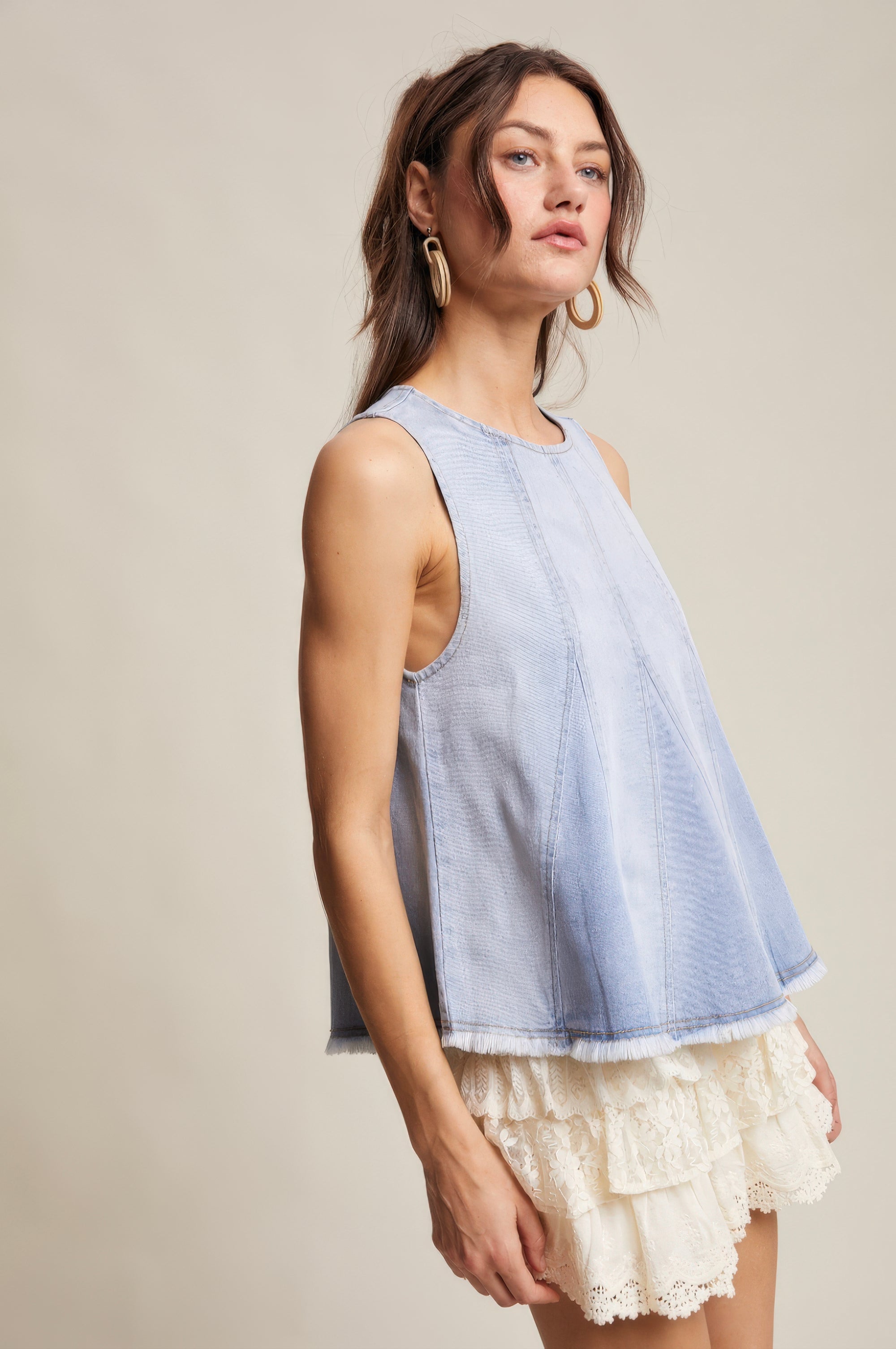 Denim Flare Peplum Top – Cloud Wash