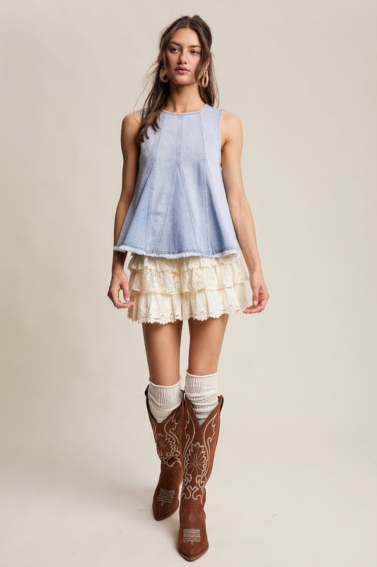 Denim Flare Peplum Top – Cloud Wash