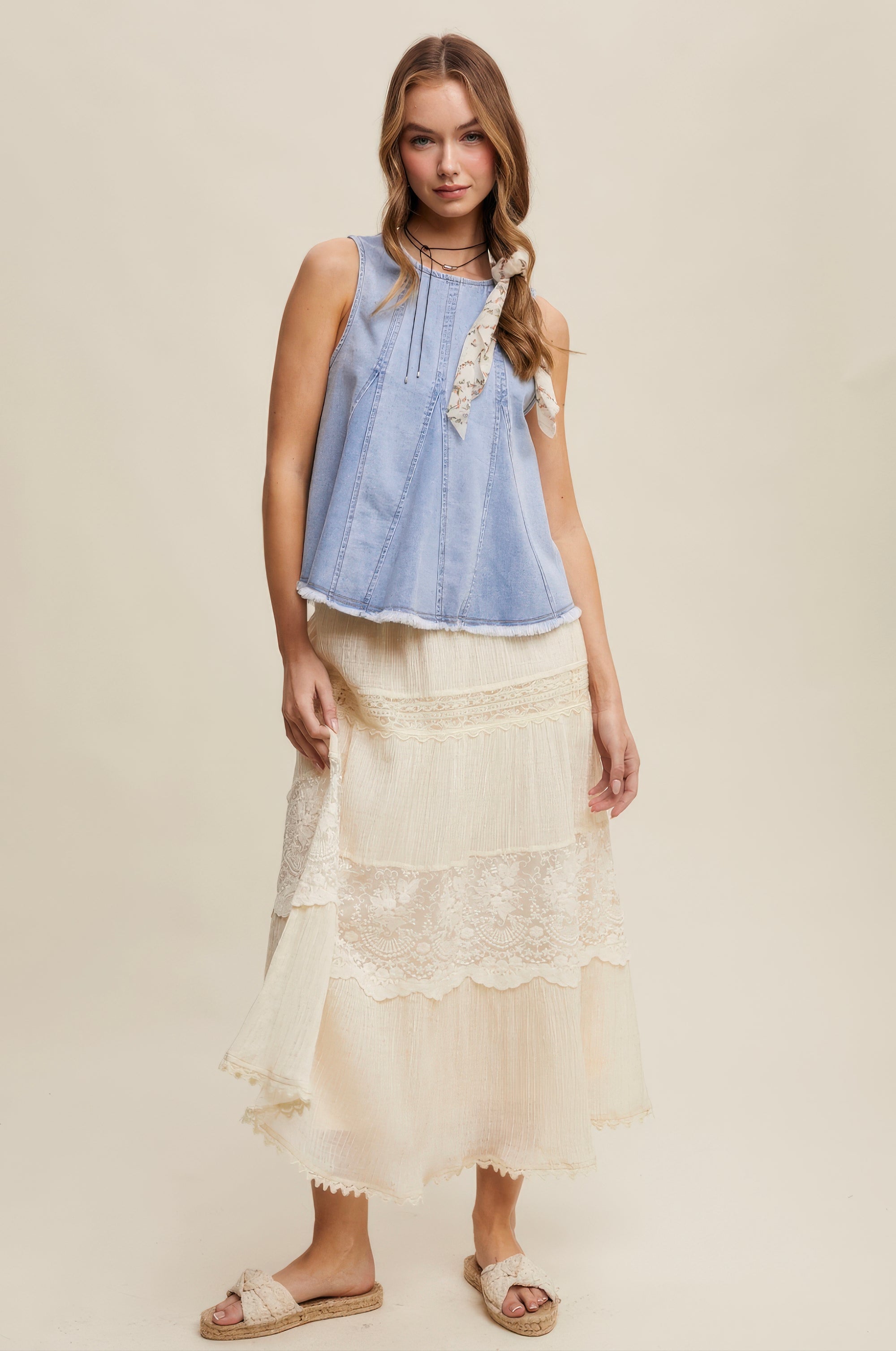 Denim Flare Peplum Top – Cloud Wash