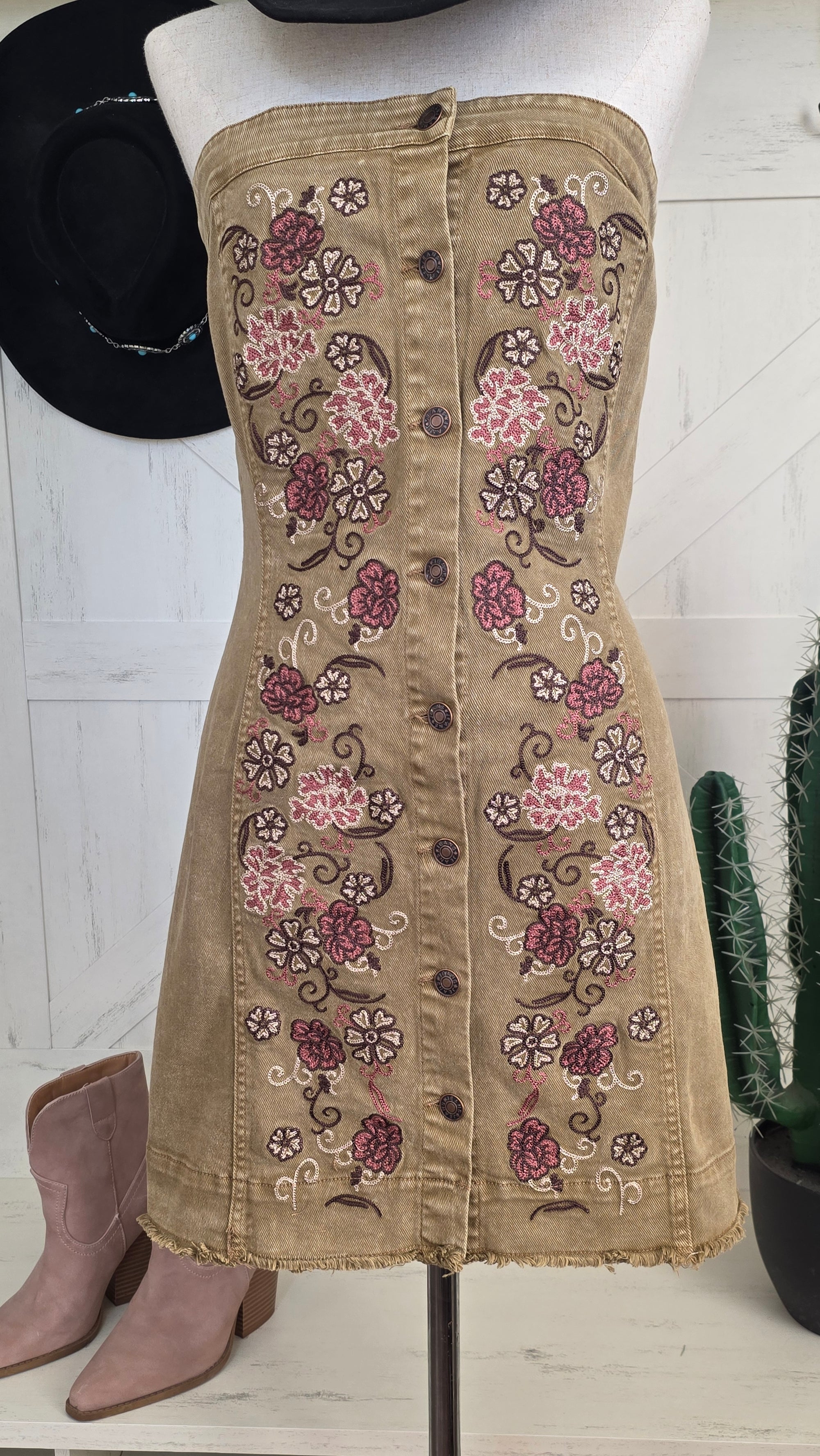 Embroidered Button-Up Tube Denim Dress – Washed Taupe