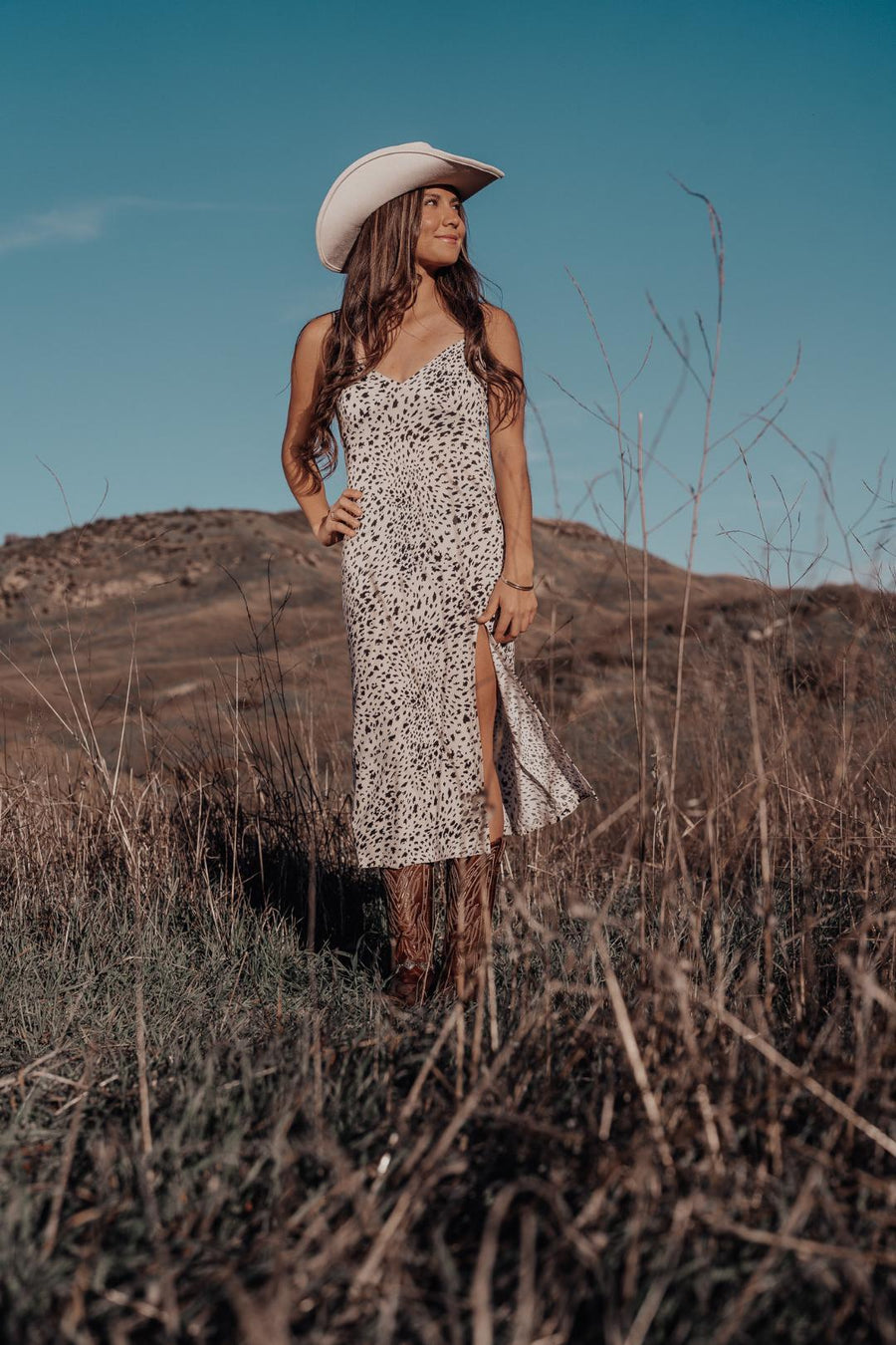 Cow Print Slip Midi Dress – Western Cowgirl Dress with Side Slit