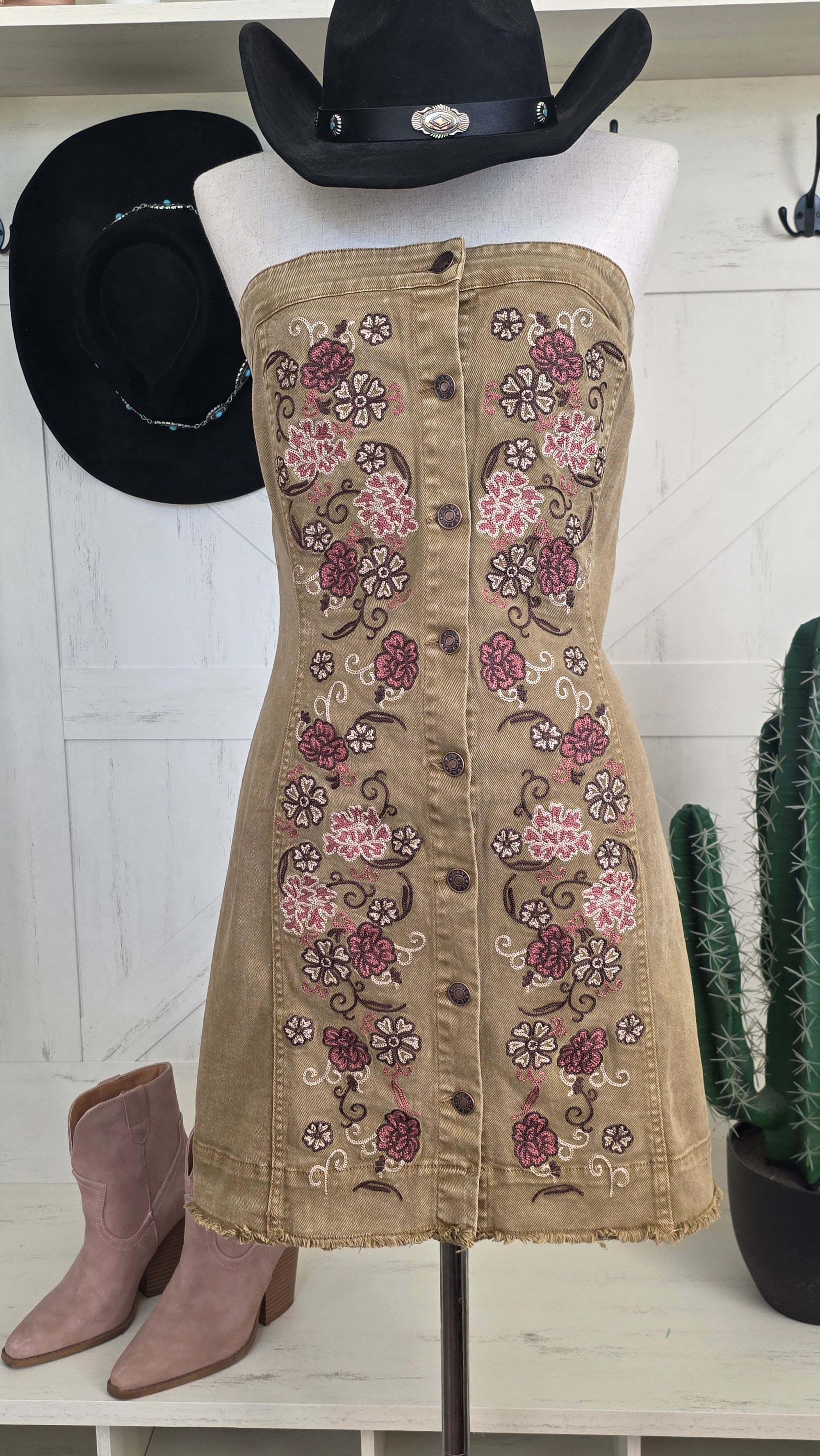 Embroidered Button-Up Tube Denim Dress – Washed Taupe