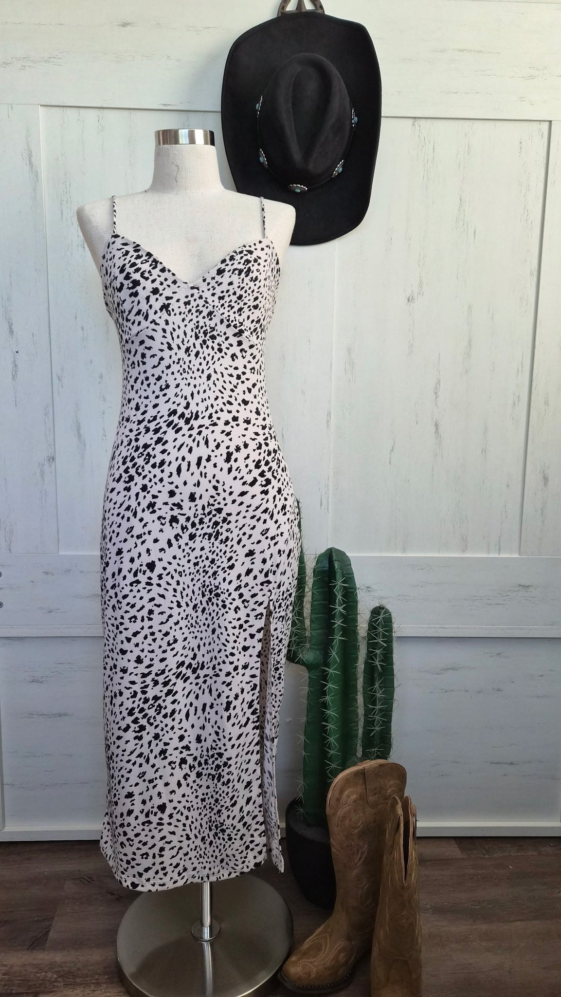 Cow Print Slip Midi Dress – Western Cowgirl Dress with Side Slit