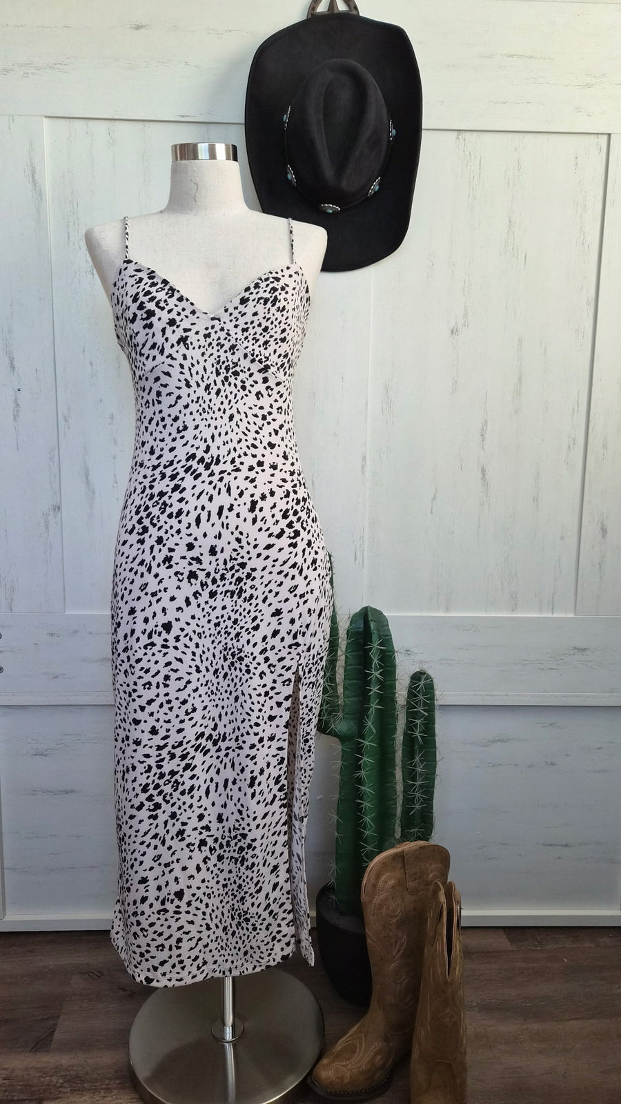 Cow Print Slip Midi Dress – Western Cowgirl Dress with Side Slit