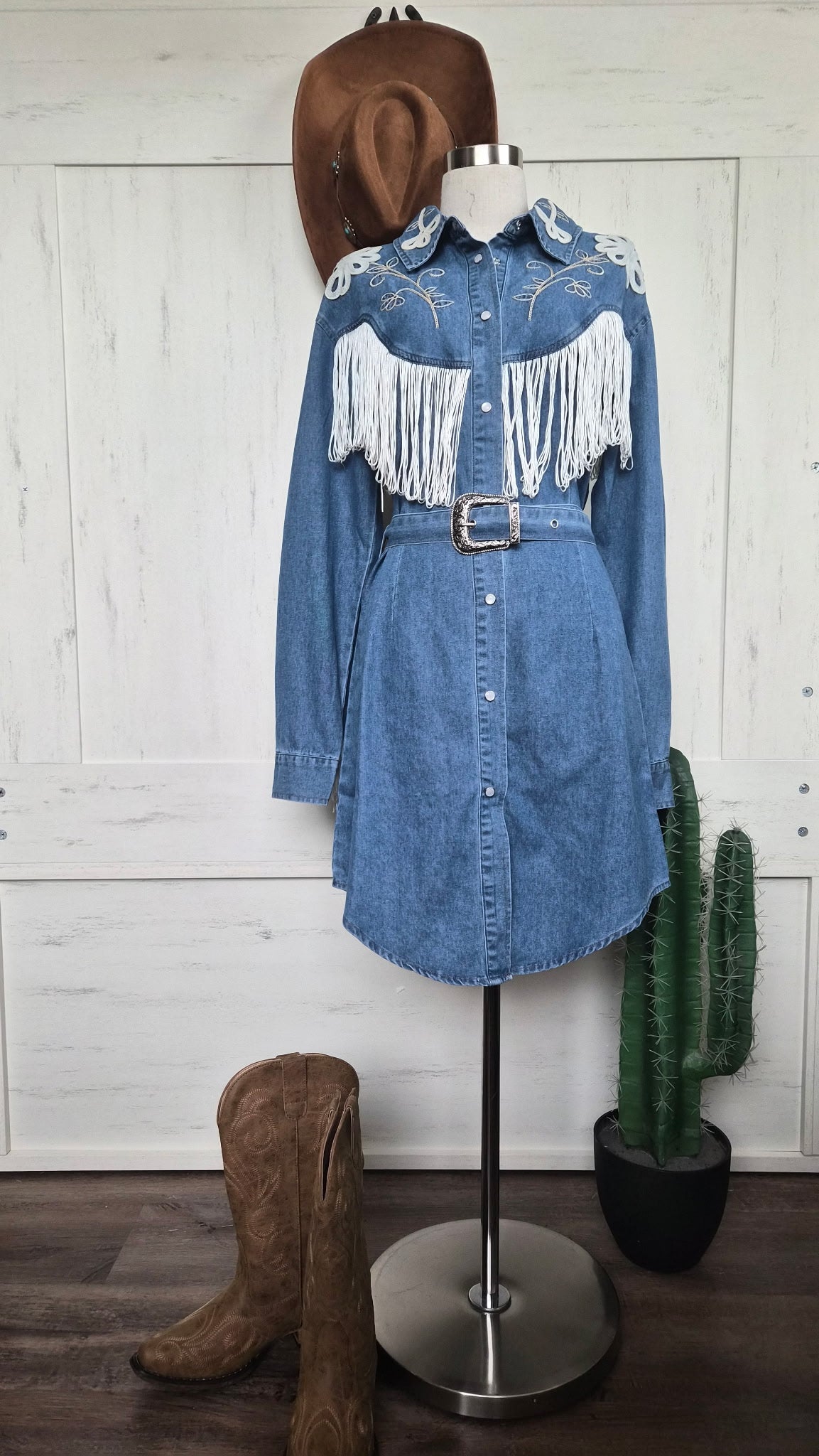 Embroidery Detail Fringe Denim Dress – Medium Wash