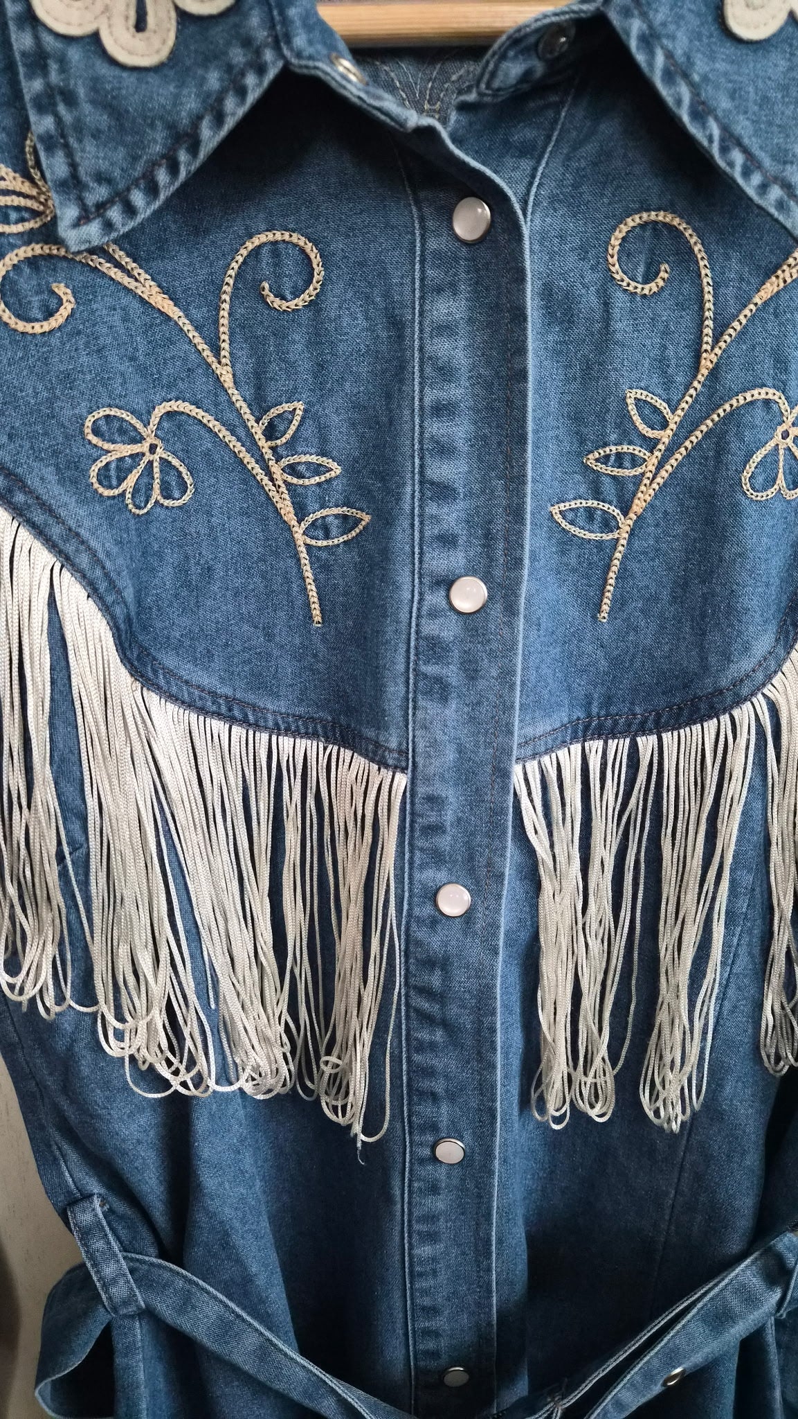 Embroidery Detail Fringe Denim Dress – Medium Wash
