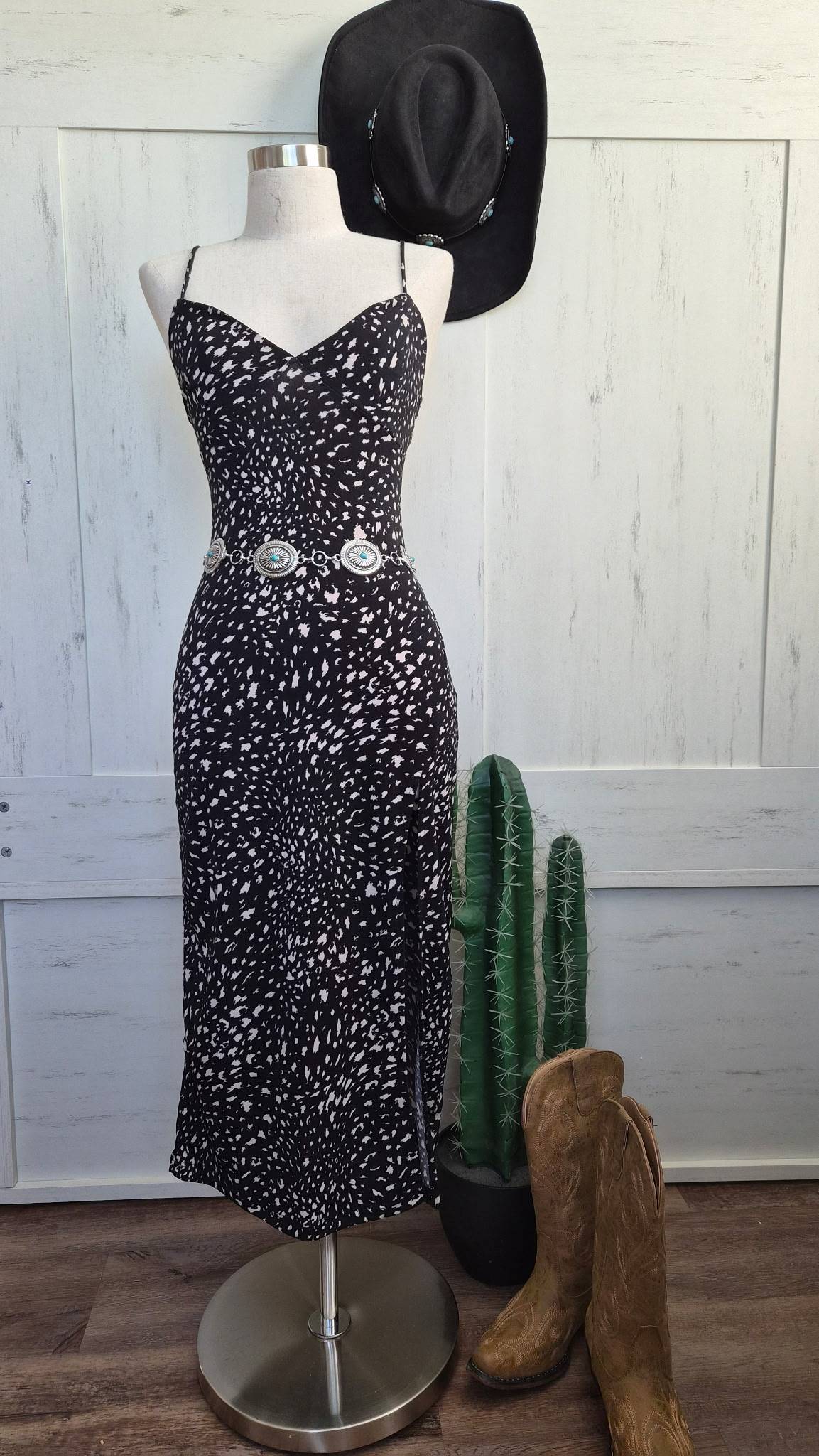 Cow Print Slip Midi Dress – Western Cowgirl Dress with Side Slit