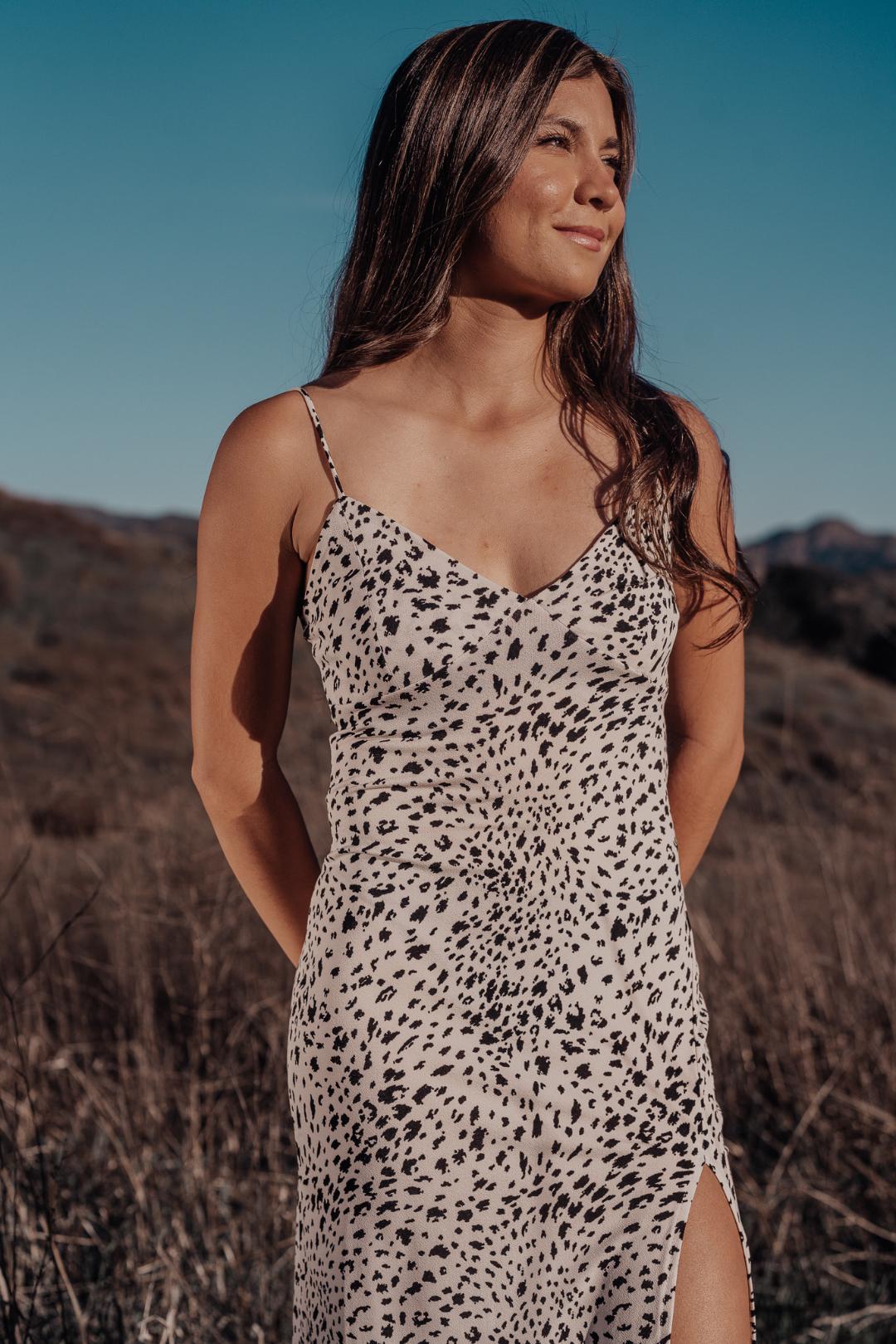 Cow Print Slip Midi Dress – Western Cowgirl Dress with Side Slit