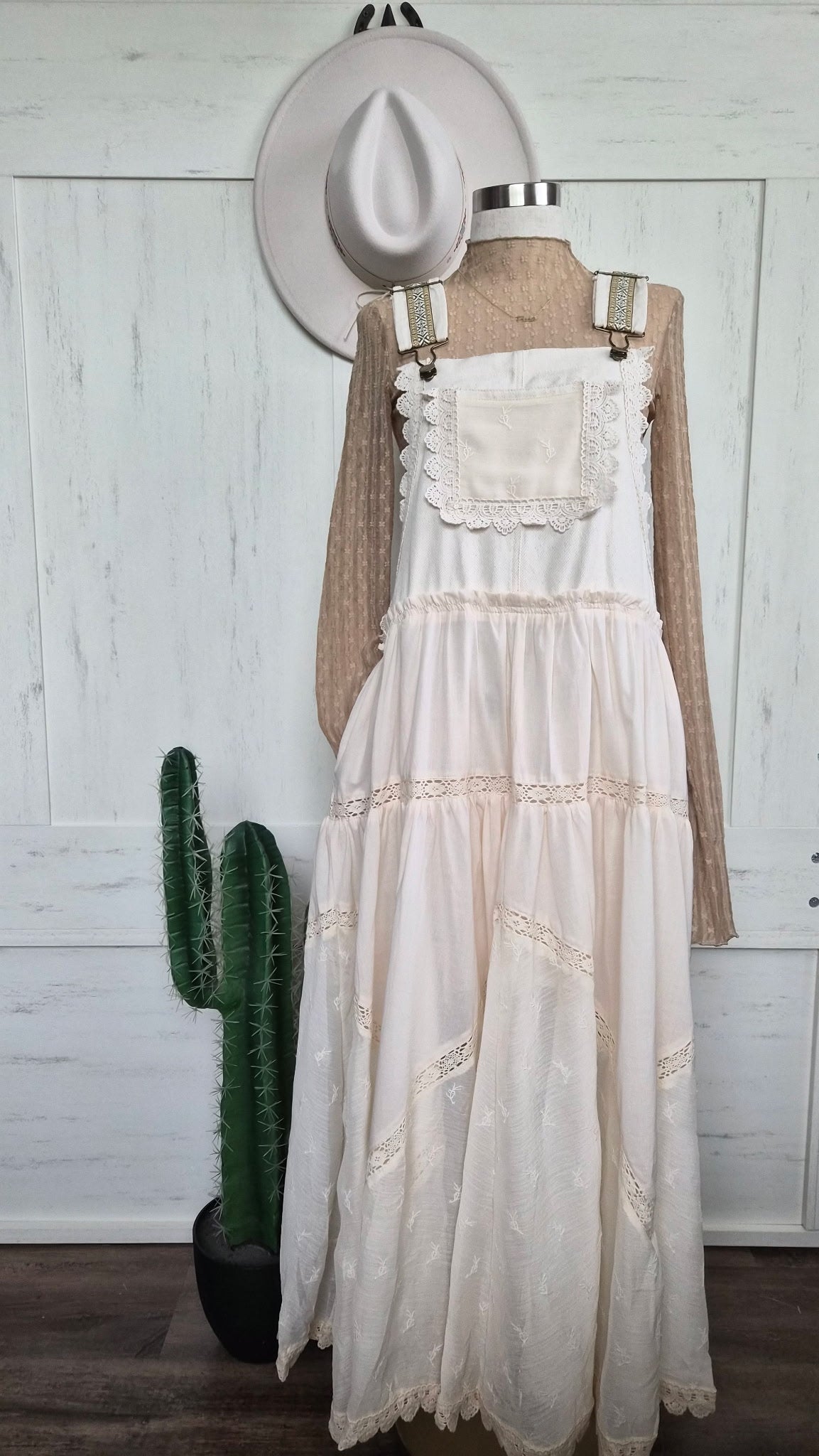 Lace Embroidered Tulle Bib Maxi Dress – Ecru